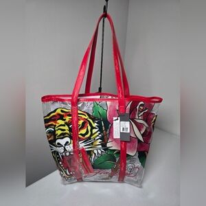 Ed Hardy Clear Tote with Red Trim and Tiger & Rose Graphic